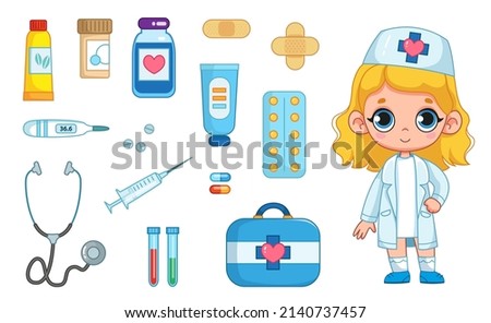 Doctor's medical items set, cute girl in nurse costume, medicines, stethoscope, pills, thermometer, ointment. Vector illustration in cartoon childish style. Isolated funny clipart isolate