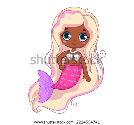 A cute dark-skinned little mermaid with white hair and a pink tail. Vector illustration of magic character in cartoon childish style. Isolated funny clipart. cute mermaid girl print.