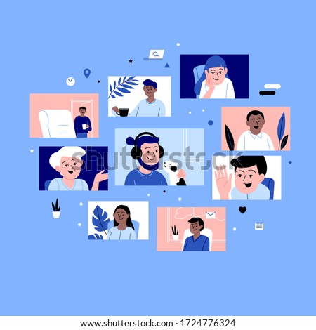 Diverse people participating in the online conference call. Friends meeting up online. Team working from home via videocall on different devices. Background with icons pattern