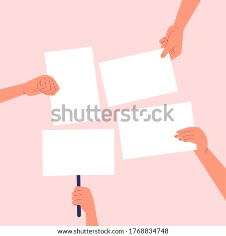 Flat illustration of four hands holding blank white pieces of paper