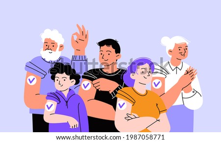 Big vaccinated family portrait. Parents grandparents and a child with patches on their shoulders. Covid vaccination concept