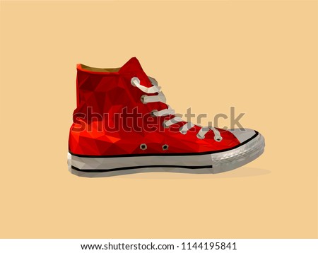 Illustration of red sneakers. Sport shoes, sneakers for summer. Sportswear for men and women. Low poly. Urban style. Street style. Vector illustration. All Star Converse sneakers.
