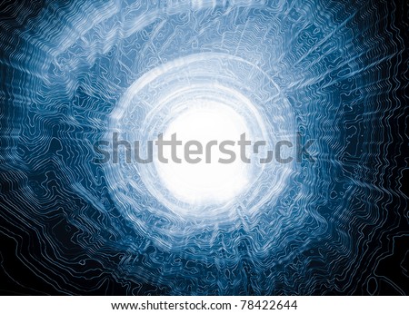 Energy exploding tunnel. May symbolise: matrix style space, atoms collision, big bang, cosmic hyperseped, digital interferences or even vision of way after death or cyber underwater tunnel