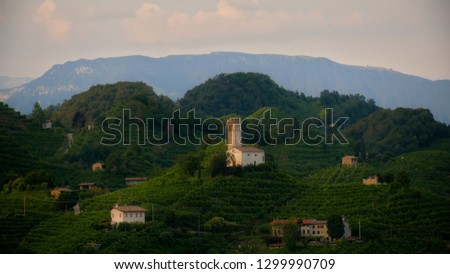 View of the green Prosecco wine hill - Saint Lorenz Church, Chiesetta di San Lorenzo, Farra di Soligo, Conegliano Valdobbiadene, Strada del Prosecco, Prosecco road Zdjęcia stock © 