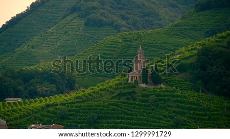 View of the green Prosecco wine hill, Saint Martin Temple, Tempio di S. Martino, Conegliano Valdobbiadene, Strada del Prosecco Zdjęcia stock © 