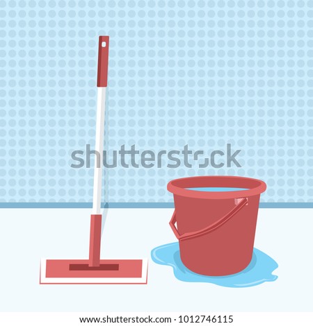 Mop And Bucket With Water Vector Illustration, Mopping The Floor Flat Design. Wet Cleaning. Clean Room. Cleaning Of Office Premises.