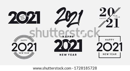 Big Set of 2021 Happy New Year logo text design. 2021 number design template. Collection of 2021 happy new year symbols. Vector illustration with black labels isolated on white background. 