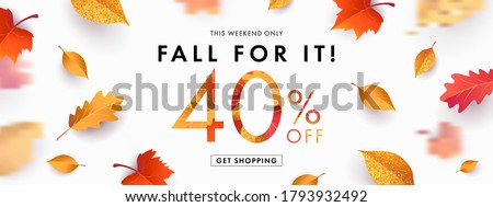 Autumn Sale background, banner, poster or flyer design. Vector illustration with bright beautiful leaves frame and text fall for it 40 % off. Template for advertising, web, social and fashion ads