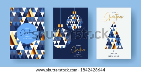 Merry Christmas and Happy New Year Set of greeting cards, posters, holiday covers. Modern Xmas design with triangle firs pattern in blue, gold, white colors. Christmas tree, ball, decoration elements