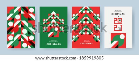 Christmas Set of greeting cards, posters, holiday covers. Geometric Xmas design with stylized Christmas Tree made of geometric shapes and New Year 2021 logo text design in red, green, white colors