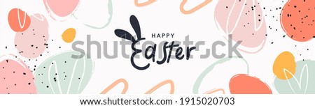 Happy Easter banner. Trendy Easter design with typography, hand painted strokes and dots, eggs, bunny ears, in pastel colors. Modern minimal style. Horizontal poster, greeting card, header for website Сток-фото © 