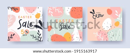 Happy Easter Set of Sale banners, greeting cards, posters, holiday covers. Trendy design with typography, hand painted plants, dots, eggs and bunny, in pastel colors. Modern art minimalist style. Сток-фото © 