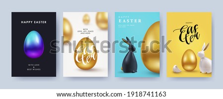 Easter Set of greeting cards, holiday covers, posters, flyers design in 3d realistic style with golden egg and black and white rabbit. Modern minimal design for social media, sale, advertisement, web