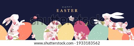 Happy Easter banner. Trendy Easter design with border made of eggs, bunnies and spring flowers in pastel colors on dark blue. Modern flat style. Horizontal poster, greeting card, header for website