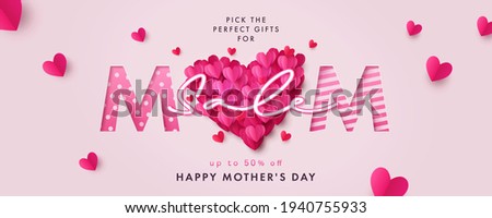 Happy Mothers Day Sale banner. Holiday background with big heart made of pink and red Origami Hearts on soft pink background. Modern design for poster, flyer, greeting card, header for website