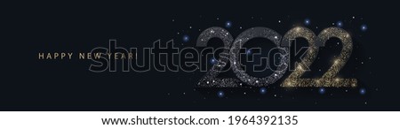 Happy New Year banner. Modern design with 2022 glittering black and gold numbers with falling snow on night sky background. Vector illustration for horizontal poster, greeting card, header for website