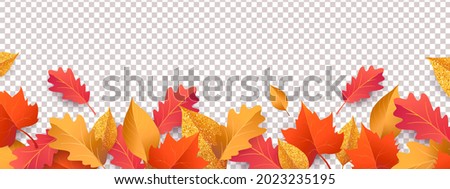 Autumn seasonal background with long horizontal border made of falling autumn golden, red and orange colored leaves isolated on background. Hello autumn vector illustration
