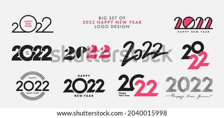 Big Set of 2022 Happy New Year logo text design. 2022 number design template. Collection of 2022 happy new year symbols. Vector illustration with black labels isolated on white background. 