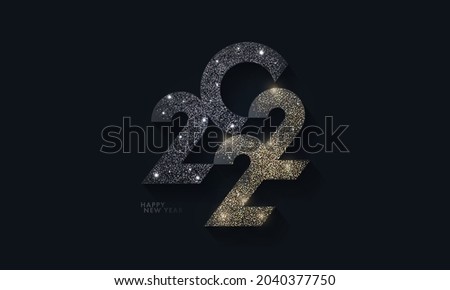Happy New Year modern design with 2022 glittering black and gold numbers on night sky background. Minimalistic trendy background for branding, banner, cover, card