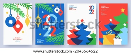 Merry Christmas and Happy New Year Set of greeting cards, posters, holiday covers. Modern Xmas design in blue, green, red, yellow and white colors. Christmas tree, balls, fir branches, gifts elements