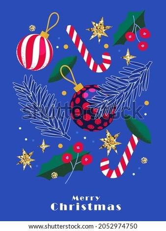 Merry Christmas and Happy New Year greeting card, poster, holiday cover. Modern Xmas design in blue, green, red, yellow and white colors. Christmas tree, balls, fir branches, decoration elements Stock foto © 