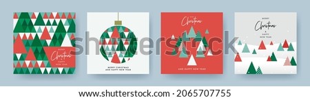 Merry Christmas and Happy New Year Set of greeting cards, posters, holiday covers. Modern Xmas design with triangle firs pattern in green, red, white colors. Christmas tree, ball, decoration elements