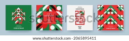 Christmas Set of greeting cards, posters, holiday covers. Geometric Xmas design with stylized Christmas Tree made of geometric shapes and New Year 2022 logo text design in red, green, white colors