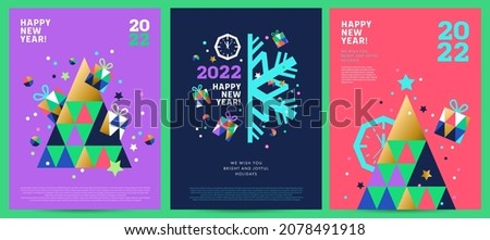 Creative concept of 2022 Happy New Year posters set. Modern design in geometric style with triangle pattern, Christmas tree, gifts, snowflakes, confetti on violet, coral red and dark blue background