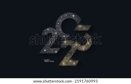 Happy New Year modern design with 2023 logo made of glittering black and gold numbers on night sky background. Minimalistic trendy background for branding, banner, cover, card