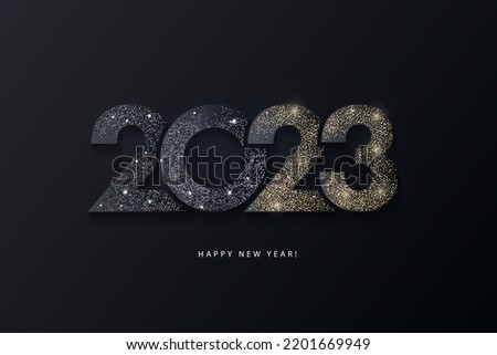 Happy New Year modern design with 2023 logo made of glittering black and gold numbers on night sky background. Minimalistic trendy background for branding, banner, cover, card