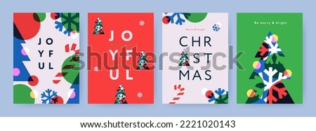 Merry Christmas and Happy New Year Set of backgrounds, greeting cards, posters, holiday covers. Xmas templates with typography and season wishes in modern minimalist style for web, social media, print