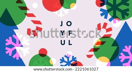 Merry Christmas and Happy New Year banner. Trendy modern Xmas design with typography, overlay elements, candy cane, snowflake, Christmas tree. Horizontal poster, greeting card, header for website