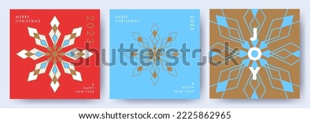 Merry Christmas and Happy New Year banner or greeting card Set. Trendy modern Xmas design with typography and modern beautiful simple geometric snowflakes. Minimal poster, cover, social media template