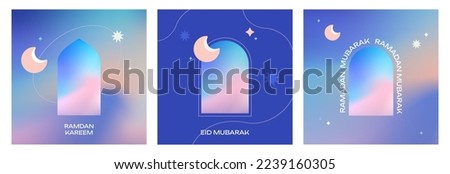 Ramadan Kareem design Set in modern abstract style with color gradients. Eid Mubarak templates with sand dunes, moon and stars against the sky. Poster, cover, card, banner for website or social media