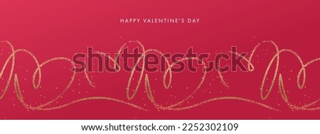 Elegant luxury minimal Valentines Day greeting card with hearts border made of gold glitter confetti drawing line on red background. Design template for decoration, web banner, Valentines card
