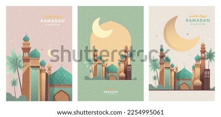 Ramadan Kareem Set of posters, cards, holiday covers. Arabic text translation Ramadan Kareem. Modern beautiful design in pastel colors with mosque, moon crescent, stars in the sky, arches window