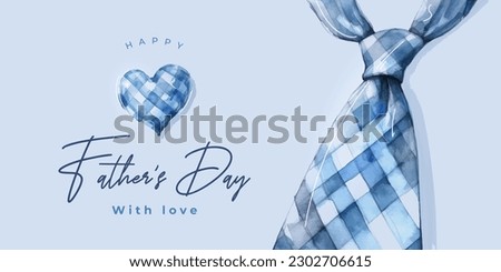 Set of Fathers Day greeting cards in blue tones with plaid men's tie, bow tie and heart. Fathers Day modern watercolor illustration for banner, fashion ads, poster, flyer, social media, promo, sale.