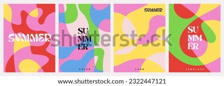 Creative concept of summer bright and juicy cards set. Modern abstract art design with liquid shapes with overlay effect. Templates for celebration, ads, branding, banner, cover, label, poster, sales 商業照片 © 