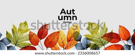 Autumn seasonal background with long horizontal border made of falling autumn green, golden, red and orange colored leaves isolated on background. Hello autumn vector illustration