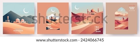Ramadan Kareem Set of posters, cards, holiday covers. Arabic text translation Ramadan Kareem. Modern beautiful design in pastel colors with mosque, moon crescent, dune sands, mountains, arches windows