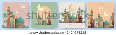 Ramadan Kareem Set of posters, cards, holiday covers. Arabic text translation Ramadan Kareem. Modern beautiful design in pastel colors with mosque, moon crescent, stars in the sky, arches window