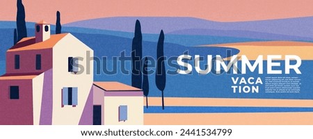 Summer nature landscape poster, banner, cover, card with summer fields, houses, mountains and typography design. Summer holidays, vacation travel in Europe illustration. Website header