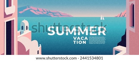 Summer nature landscape poster, web banner, cover, card with summer town, sea view, yacht and mountains in the distance and typography design. Summer holidays, vacation travel in Europe illustration.