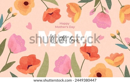 Trendy Mother's Day card, banner, poster, flyer, label or cover with flowers frame, abstract floral pattern in mid century art style. Spring summer bright abstract floral design template for ads promo