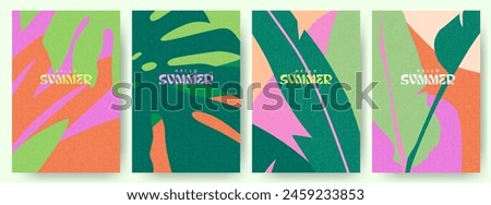 Creative concept of summer bright cards set with abstract tropical leaves. Modern art minimalist style design templates for celebration, ads, branding, banner, cover, label, poster, sales