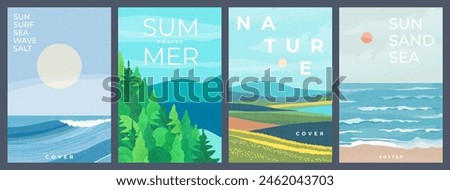 Summer nature landscape poster, cover, card set with sea view, sunny beach, mountains, forest, lake and fields and typography design. Summer holidays, vacation travel illustrations.