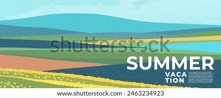 Summer nature landscape horizontal poster, web banner, cover, card with fields, lake, mountains in the distance and typography design. Summer holidays, vacation travel in Europe illustration.