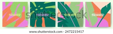 Creative concept of summer bright cards set with abstract tropical leaves. Modern art minimalist style design templates for celebration, ads, branding, banner, cover, label, poster, sales