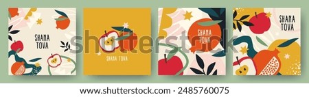 Rosh Hashana, Rosh Hashanah, Jewish New Year greeting card, cover, holiday web banner set. Hand drawn illustration, vector design with apple and pomegranate pattern in trendy modern art style