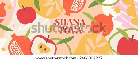 Rosh Hashana, Rosh Hashanah, Jewish New Year greeting card, cover, holiday web banner, poster. Hand drawn illustration design template with apple and pomegranate pattern in trendy modern art style